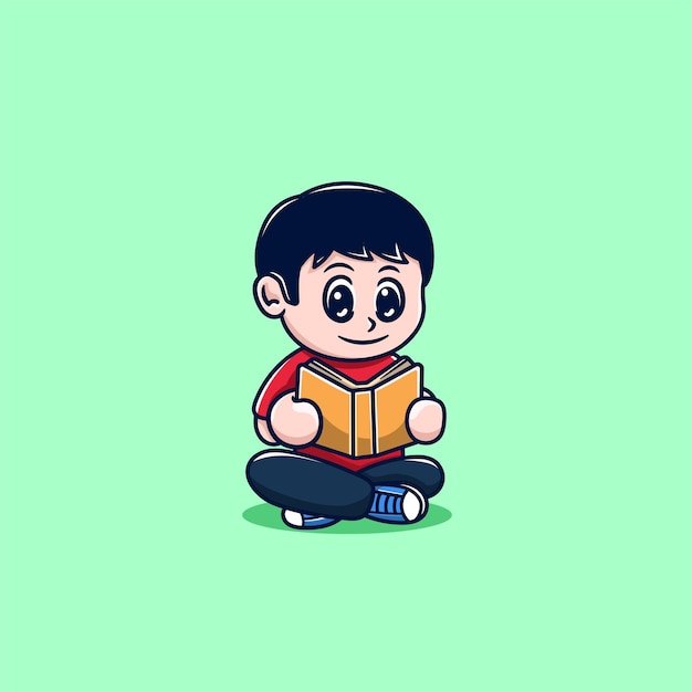 lindo, niño, lectura, libro, caricatura