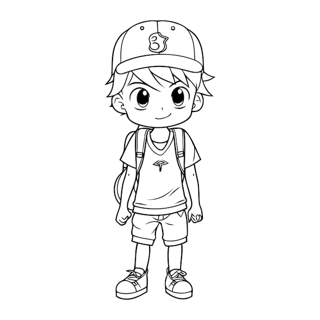 Lindo niño con mochila sobre fondo blanco ilustración de vector de diseño en blanco y negro