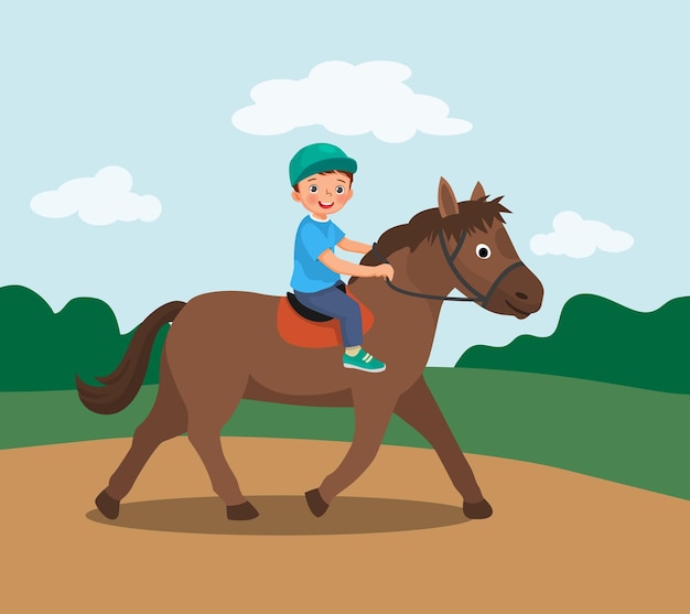 lindo niño montando un caballo en el parque