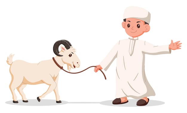 Lindo niño musulmán con dibujos animados de cabra Dibujado a mano eid aladha niño y cabra ilustración