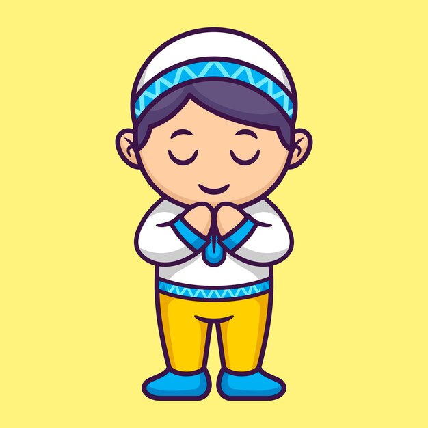 Lindo niño musulmán rezando en dibujos animados Ramadán Vector Ilustración Estilo plano Concepto