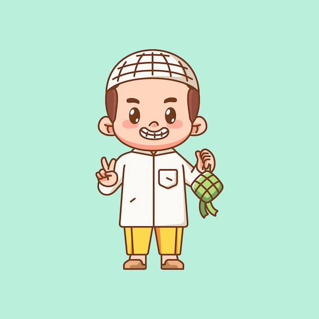 Vector el lindo niño musulmán sostiene ketupat kawaii chibi personaje mascota ilustración diseño de estilo de contorno