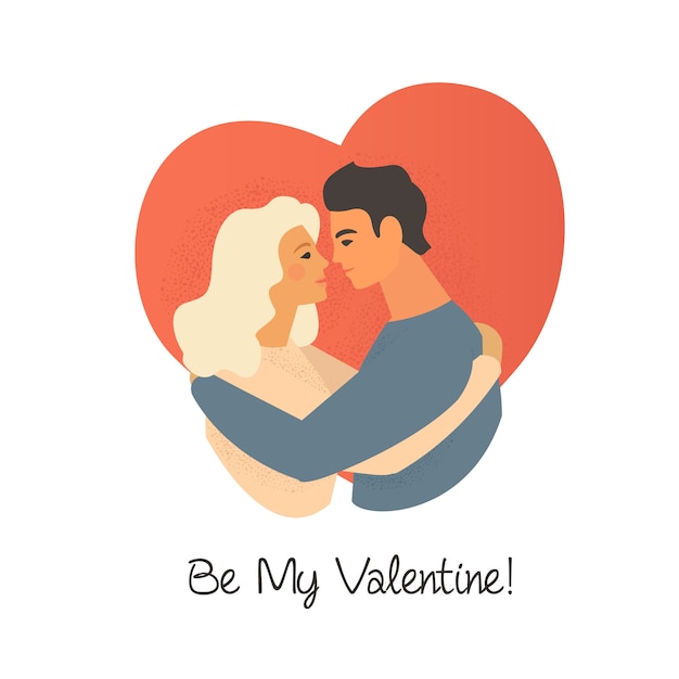 Lindo niño y niña abrazando con gusto y Be My Valentine para la postal del día de San Valentín.