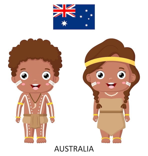 Vector lindo niño y niña de australia con ropa nacional