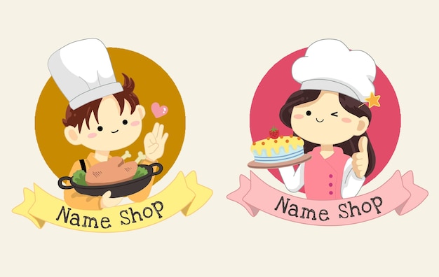 Lindo niño y niña chef para ilustración de dibujos animados de tienda de logotipo