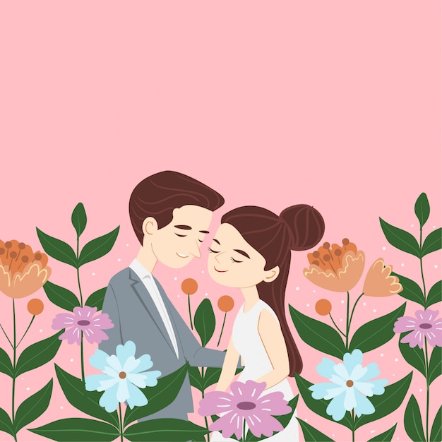 Vector lindo niño y niña con flor para postal de san valentín