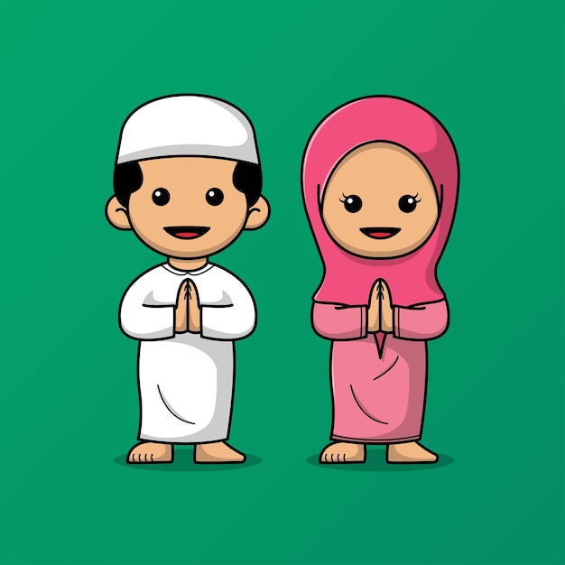 Lindo niño y niña musulmana celebrando eid mubarak ilustración vectorial