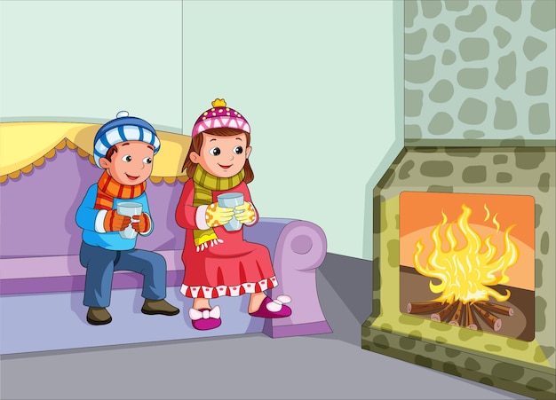 Lindo niño y niña con ropa de invierno sentado al lado de la ilustración de vector de chimenea