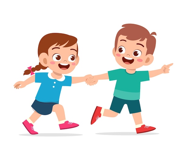 Lindo niño niño y niña tomados de la mano y caminando juntos