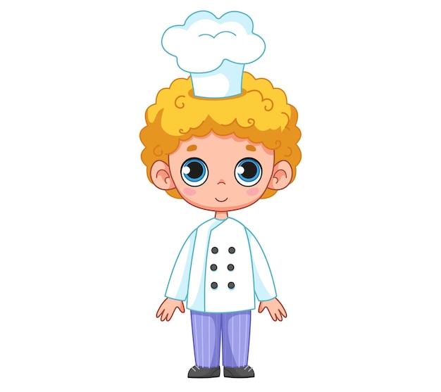 Un lindo niño de pelo rizado con traje de cocinero y un sombrero blanco Ilustración vectorial de panadero bebé