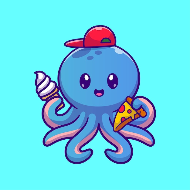 Lindo niño pulpo sosteniendo pizza y helado cono dibujos animados vector icono ilustración animal comida icono