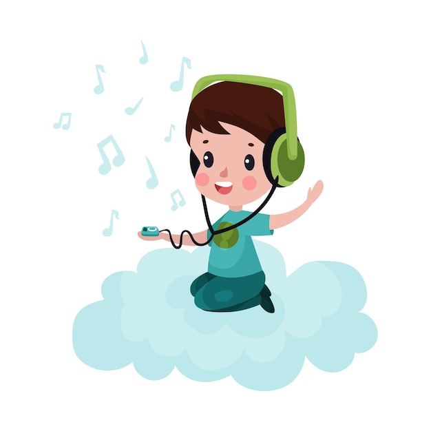 Lindo niño sentado en una nube y escuchando música, el niño fantasea y sueña vector de dibujos animados ilustración sobre un fondo blanco
