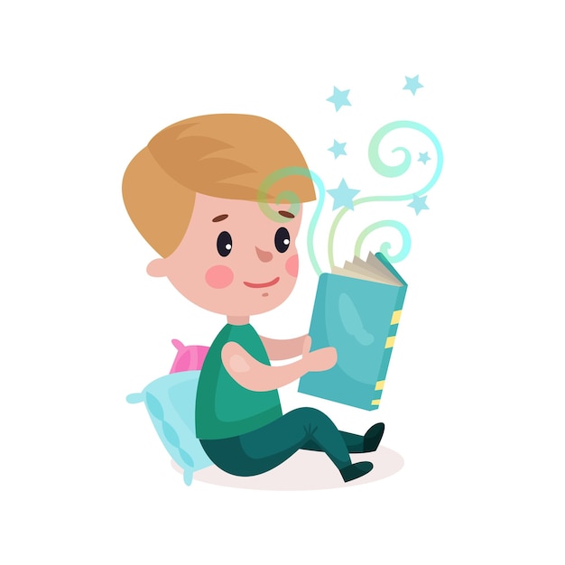 Lindo niño sentado en el suelo y leyendo el libro de cuento de hadas, niños imaginación concepto colorido vector de dibujos animados ilustración sobre un fondo blanco