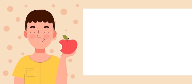 Lindo niño sonriente comiendo una manzana. Merienda escolar, comida sana, dieta de frutas, vitaminas para niños. banner para sitio web. Spase, para, texto, template., Plano, vector, caricatura, ilustración común
