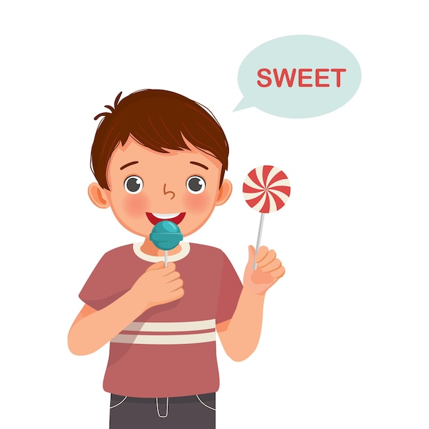 Vector lindo niño sosteniendo caramelos de piruleta mostrando el dulce sabor de la lengua cinco sentidos