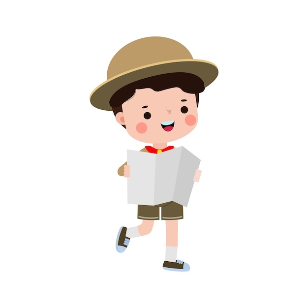 Lindo niño sosteniendo mapa boy scout o girl scout honor uniforme campamento de verano para niños