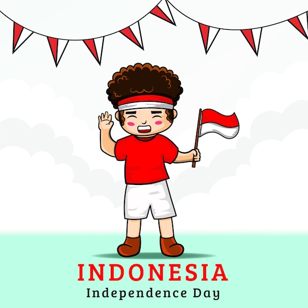 Lindo, niño, tenencia, bandera indonesia, lindo, vector