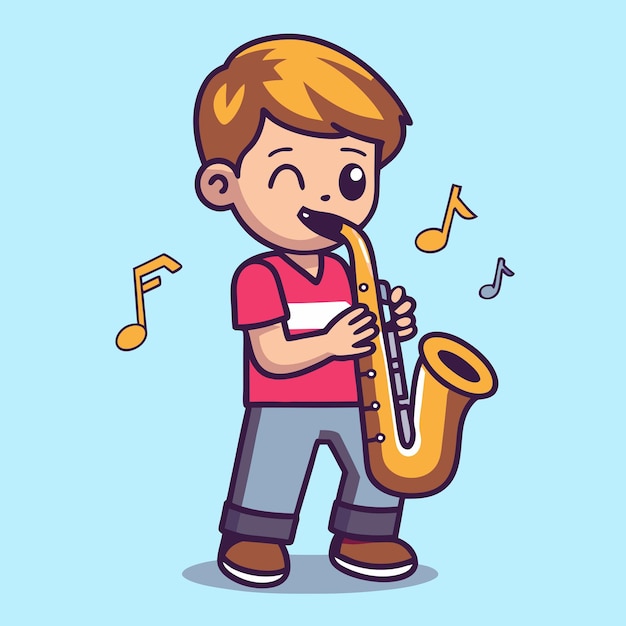 El lindo niño tocando el saxofón El concepto de la música de la gente El icono vectorial de dibujos animados aislado Ilustración