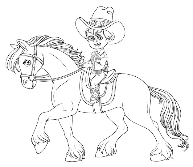 Lindo niño en traje de vaquero montando en un caballo esbozado isolat