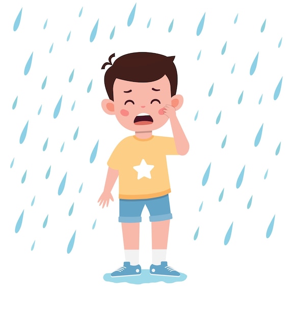 lindo niño triste niño triste bajo la lluvia ilustración de dibujos animados