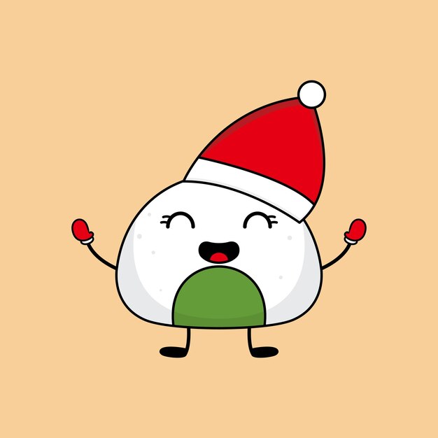 Lindo onigiri feliz con sombrero y guantes de navidad.