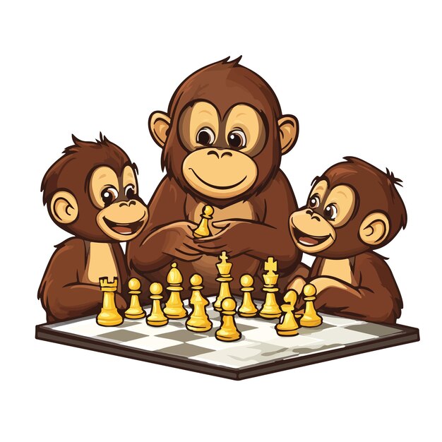 Lindo orangután disfrutando de un juego de ajedrez con amigos ilustración vectorial