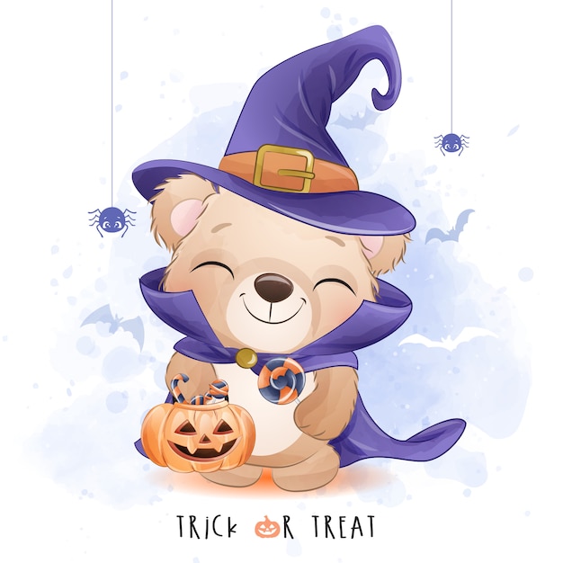 Lindo osito para el día de halloween con ilustración acuarela