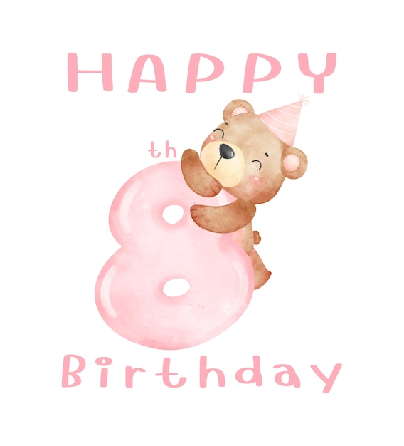 Un lindo osito de peluche de octavo cumpleaños con un gorro de fiesta y una acuarela rosa de animal de inocencia número 8