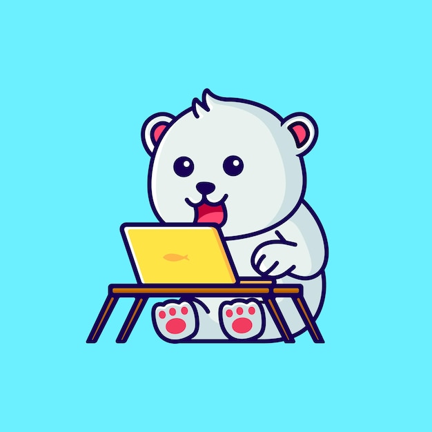 Lindo osito polar trabajando frente a una ilustración de dibujos animados de una computadora portátil