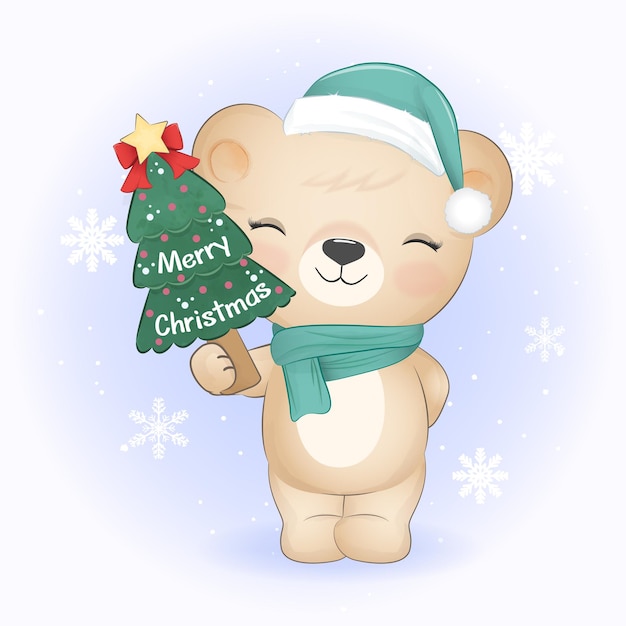 Lindo osito sosteniendo árbol de Navidad ilustración de temporada navideña