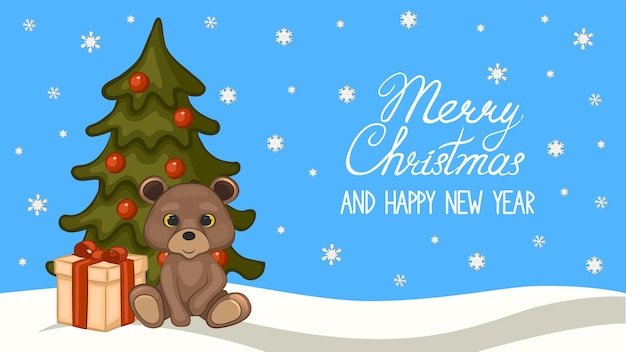 Lindo oso, árbol de Navidad y caja de regalo en la nieve. Tarjeta de felicitación de navidad y año nuevo, cartel.