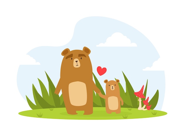 Vector lindo oso bebé y padres felices animales salvajes de la selva ilustración vectorial de dibujos animados familiares