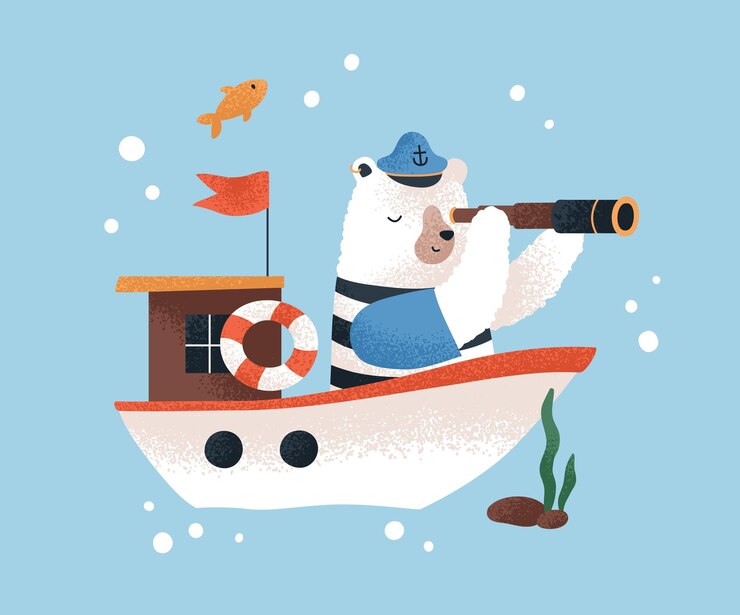 Lindo oso bebé viajando en barco. Capitán marinero explorador con catalejo. Carácter animal infantil en el viaje por mar, aventura. Marinero de cuento de hadas en el viaje. Ilustración de vector plano de color infantil.