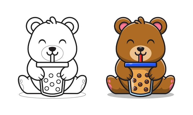 Lindo oso bebiendo té de burbujas de dibujos animados para colorear