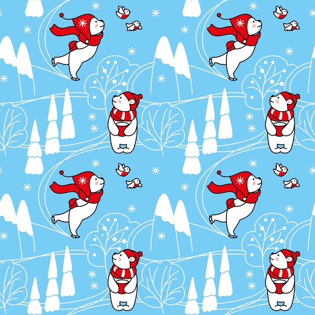 Lindo oso blanco caminando por el bosque de invierno. Impresión de niños. Patrón sin fisuras. Vector.