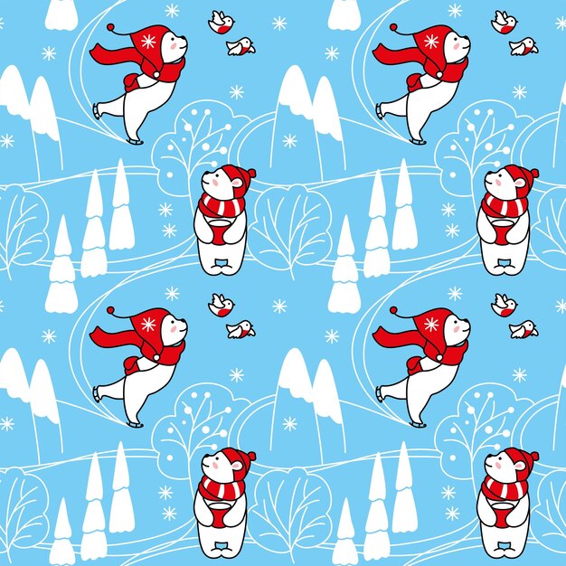 Lindo oso blanco caminando por el bosque de invierno. impresión de niños. patrón sin fisuras. vector.