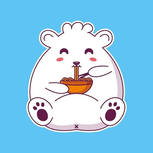 Lindo oso blanco divertido feliz comer fideos