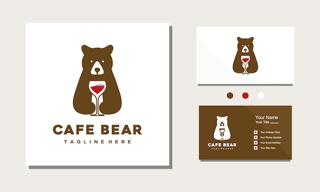 Lindo oso café vino diseño de logotipo sostener vector de vidrio