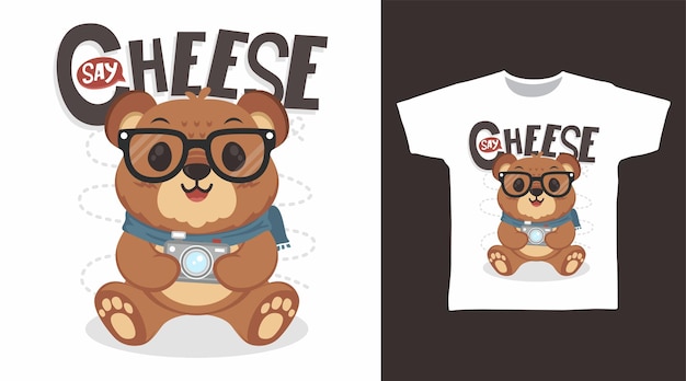 Lindo oso con cámara Diseños de camisetas de ilustración vectorial