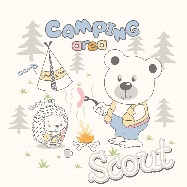 Lindo, oso, campamento, vector