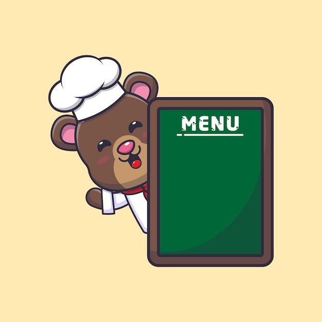 lindo oso chef mascota personaje de dibujos animados con tablero de menú