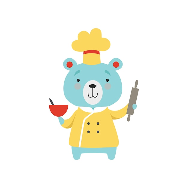 Lindo, oso, en, chef, uniforme, tenencia, rodillo, y, tazón, caricatura, animal, carácter, cocina, vector, ilustración, aislado, en, un, fondo blanco