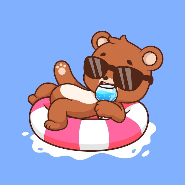 Lindo oso chill en neumáticos de natación con jugo icono vectorial de dibujos animados ilustración vacaciones de animales