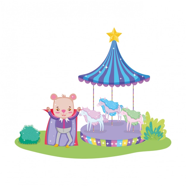 Lindo oso de circo con capa y carrusel.