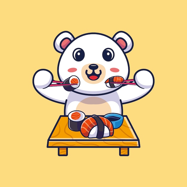 Lindo oso comiendo sushi con ilustración de icono de dibujos animados de palillos