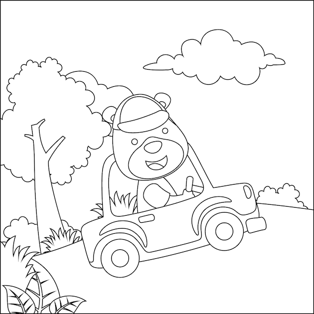 Lindo oso conduciendo un coche ir al bosque divertido animal dibujos animados para colorear libro o página