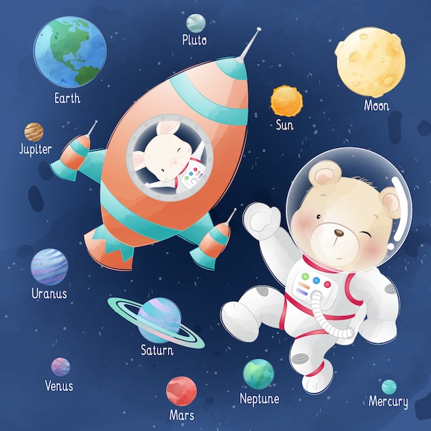Lindo oso y conejito en la galaxia
