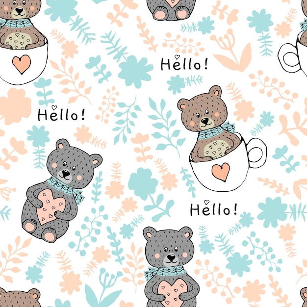 Lindo oso dibujado a mano de patrones sin fisuras con corazón y taza postales camisetas niños carteles