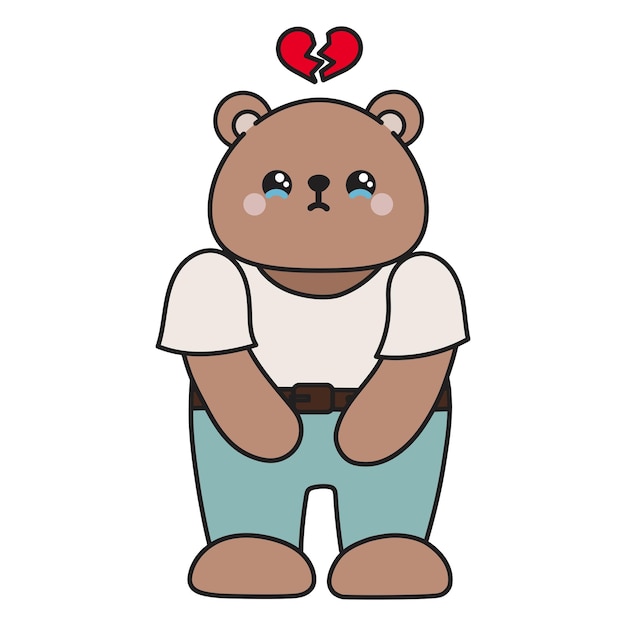 Lindo oso de dibujos animados está llorando con el corazón roto