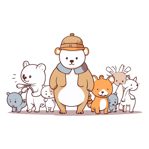 Lindo oso de dibujos animados con un grupo de animales